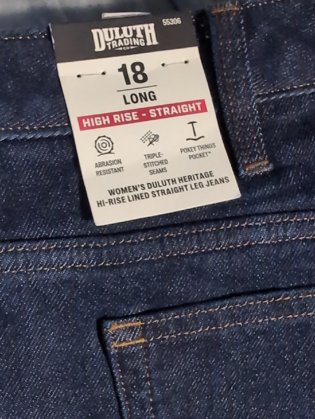 Duluth Trading Co Duluth Heritage Hi-Rise Lined Straight Leg Jeans- 18 Long